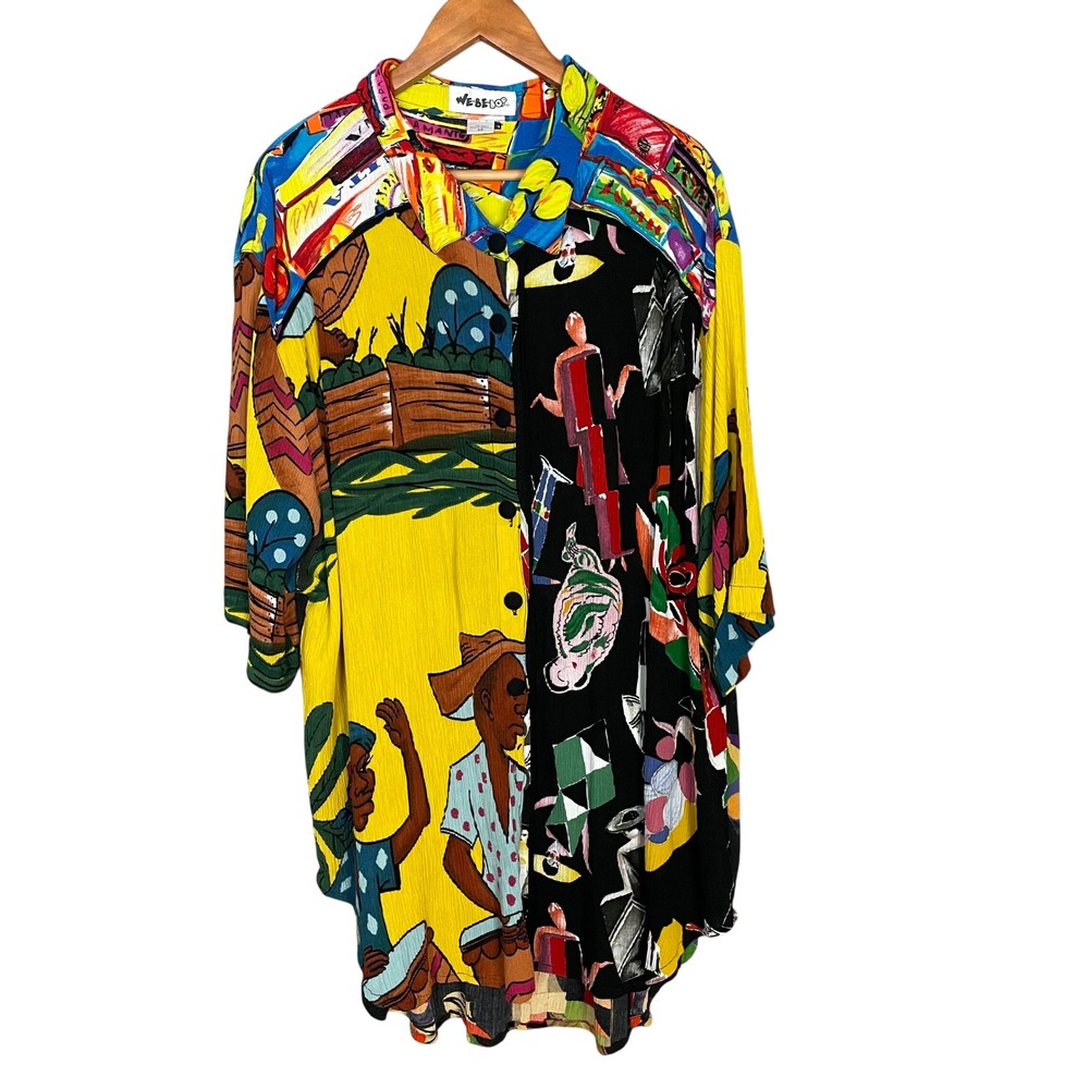 Vintage Graphic Shirt We Be Bop Art Crinkle Rayon Maximalist Blouse Plus Size 4X